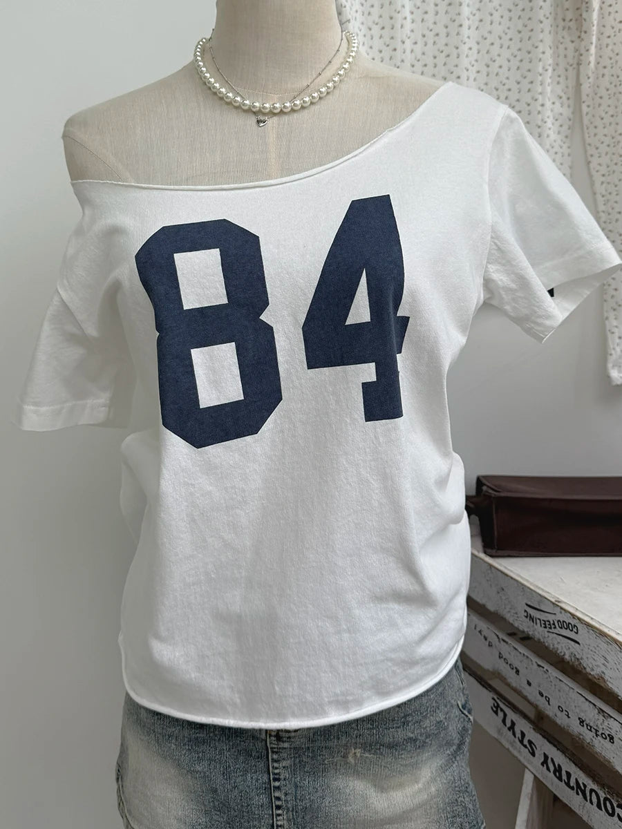 Raw Hem Slash Neck Crop Top Women Simple Ballet Shoes Print Slim Short Sleeve Tee Cute Sweet Preppy Style Cotton Tshirt Y2K