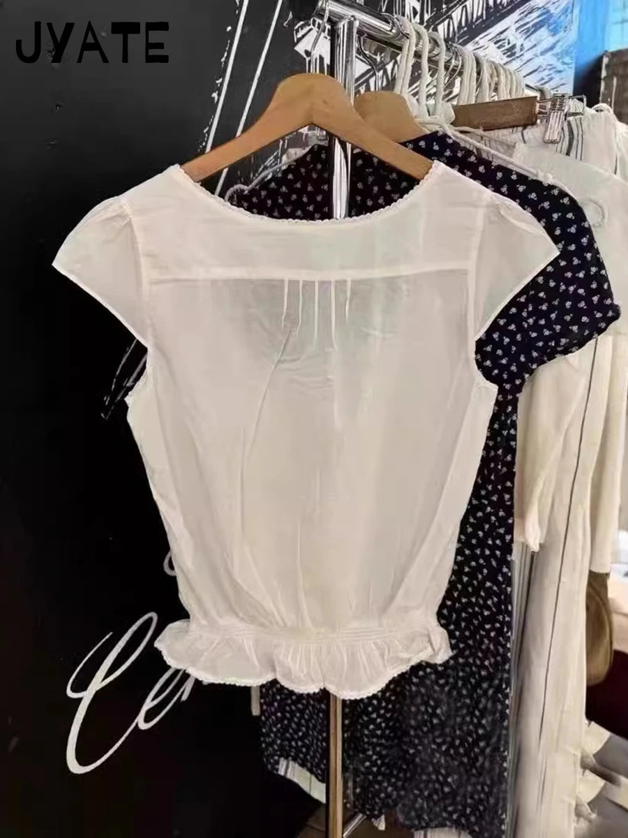 White Folds Buttons Short Sleeve Tees Women New Casual U-neck Lace Trim Streetwear Shirt Tops Sweet Chic Preppy Style T-shirts
