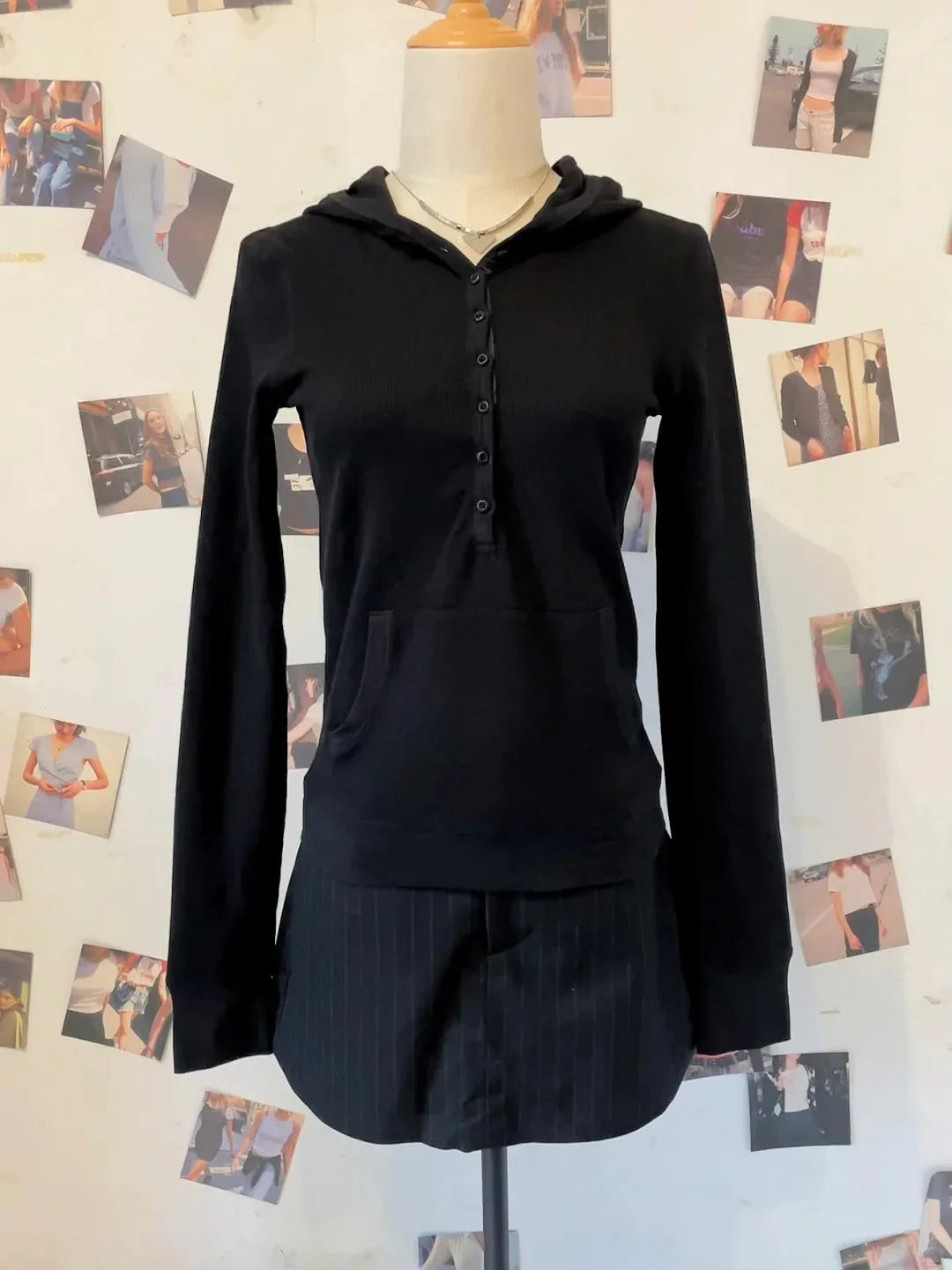 New Waffle Hooded T-shirt Women Casual Button Cotton Slim Long Sleeve Tee Shirt Vintage American Preppy Style Tshirt Y2k