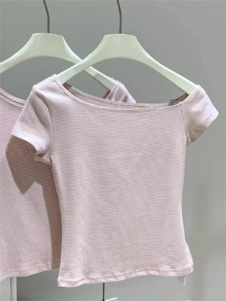 Pink Striped Crop Tops Women Summer Sexy Slash Neck Slim Cotton Short Sleeve Tees Female Chic Sweet Preppy Style T-shirts New