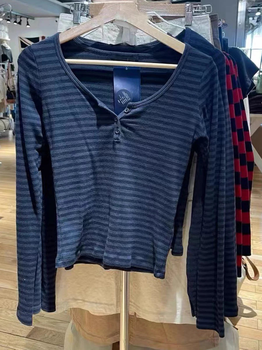 Sweet Pink Striped Long Sleeve T-shirt Woman Spring New Y2K O-Neck Cotton Slim Tshirts Tops Female Cute Preppy Style Tee Shirts