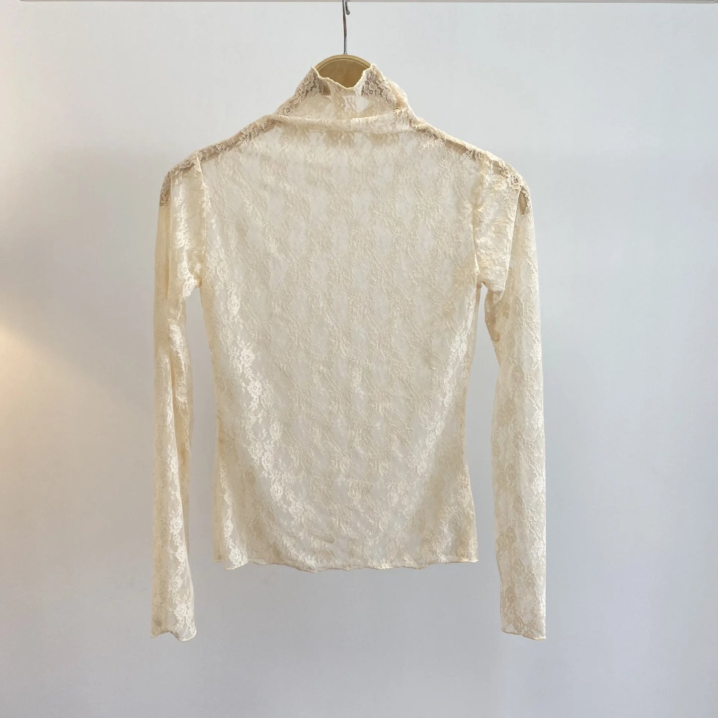 Sexy See-through Long Sleeve Tees Women New Street Slim Half turtleneck Lace Floral T-shirts Vintage Chic Party Tops Y2K Tshirts