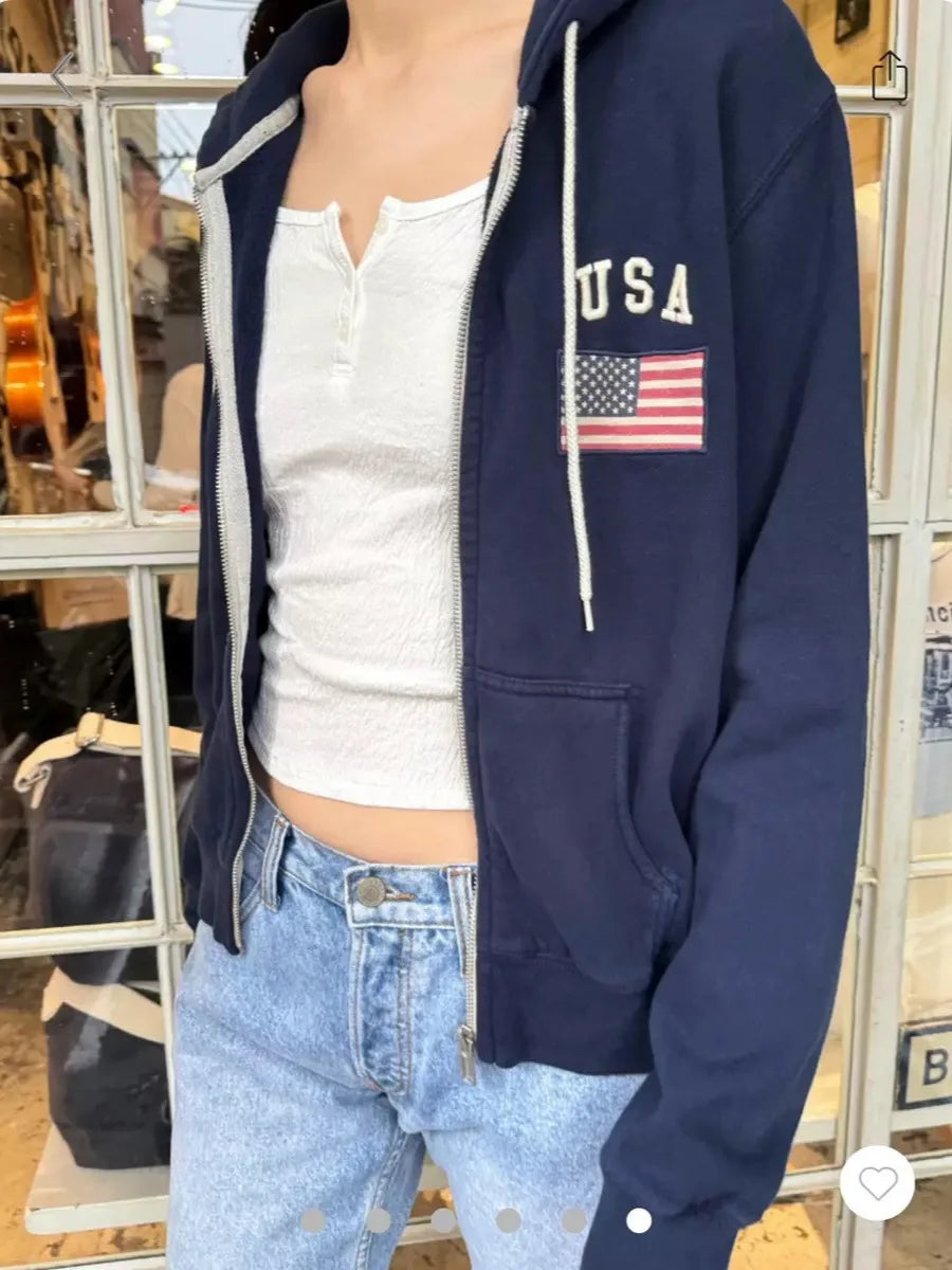 Harajuku Letter Print Zipper Hoodies Women Autumn Casual Pockets Drawstring Hoodie Tops Vintage Loose Chic Y2K Sweatshirts Coat