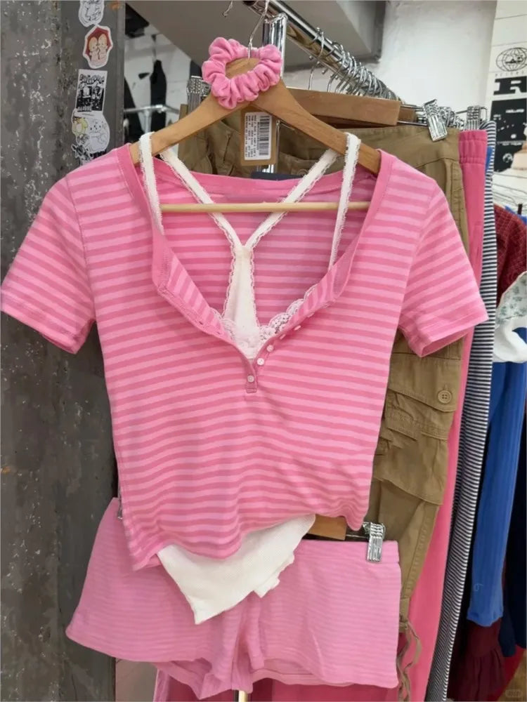 Pink Striped Buttons T-shirts Women Summer Cotton O-neck Casual Simple Short Sleeve Tees Sweet Cute Preppy Style Tshirt Y2K Top