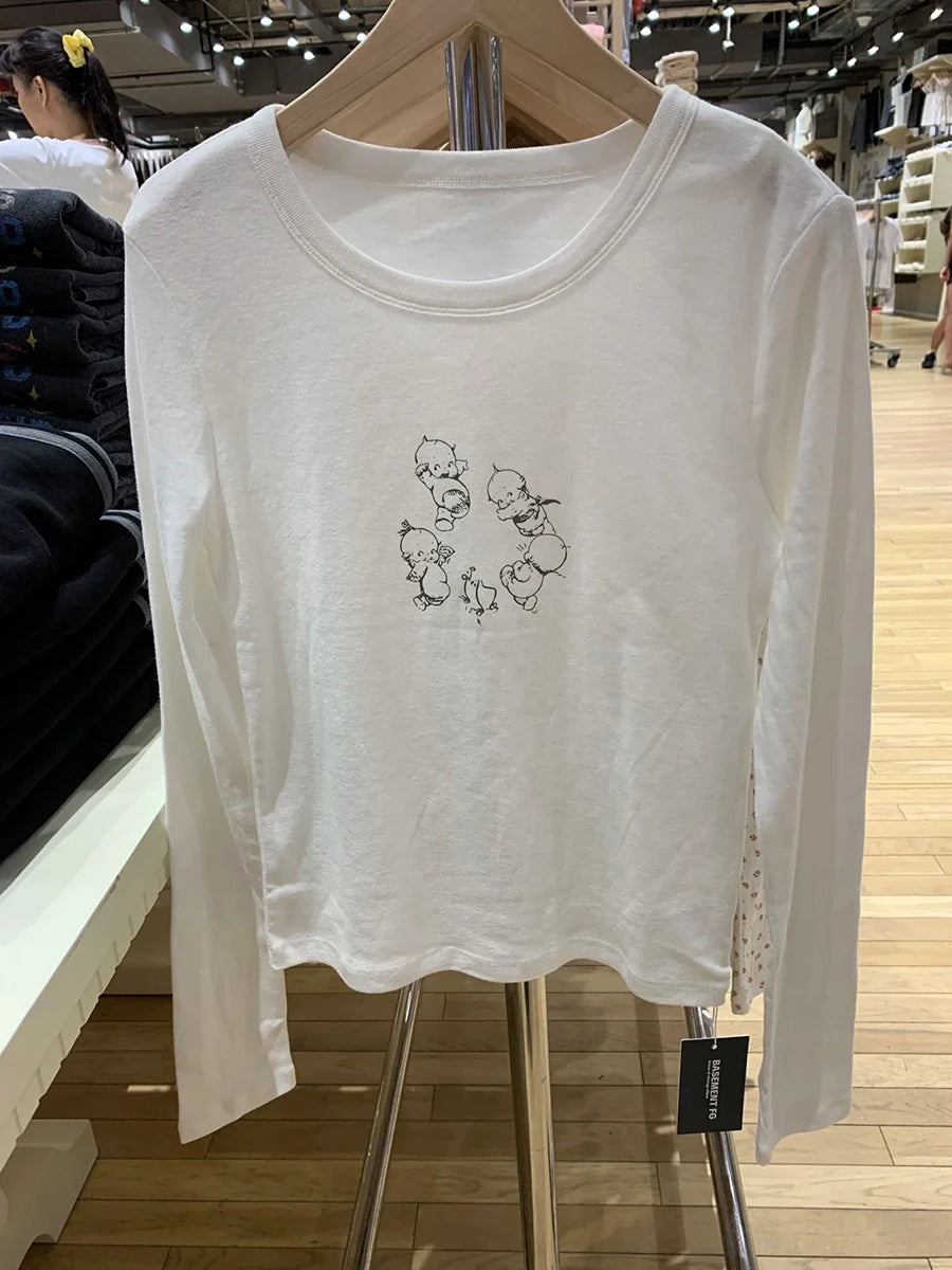New Cute Angel Baby Print Long Sleeve T-shirt Women Autumn O-Neck Cotton Slim Tee Shirt Vintage Streetwear Sweet Shirts Y2K Tops
