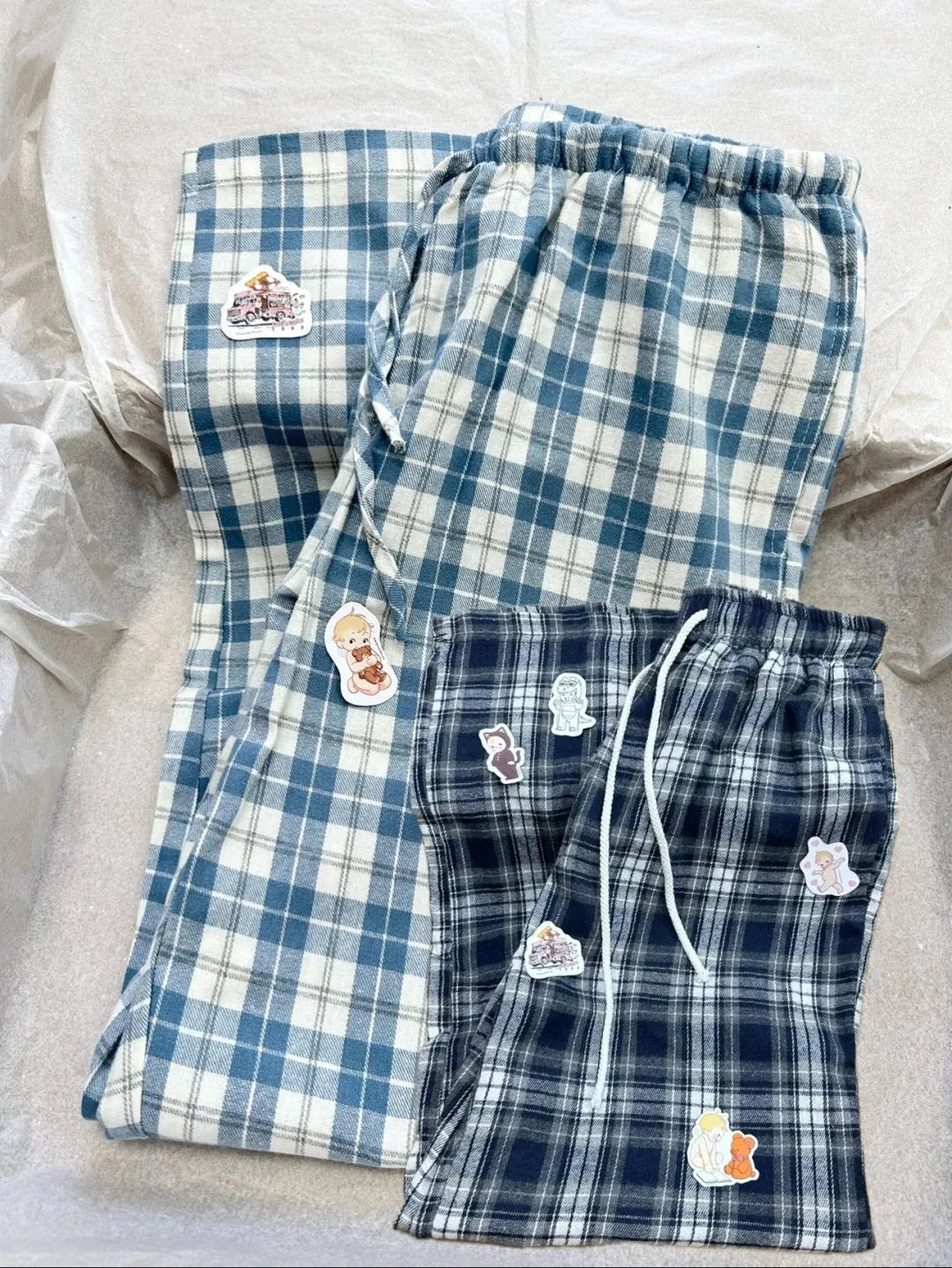 Plaid Drawstring Straight Pants Women Streetwear Casual Loose Elastic High Waist Pant Vintage Preppy Style Baggy Sweatpants Y2K