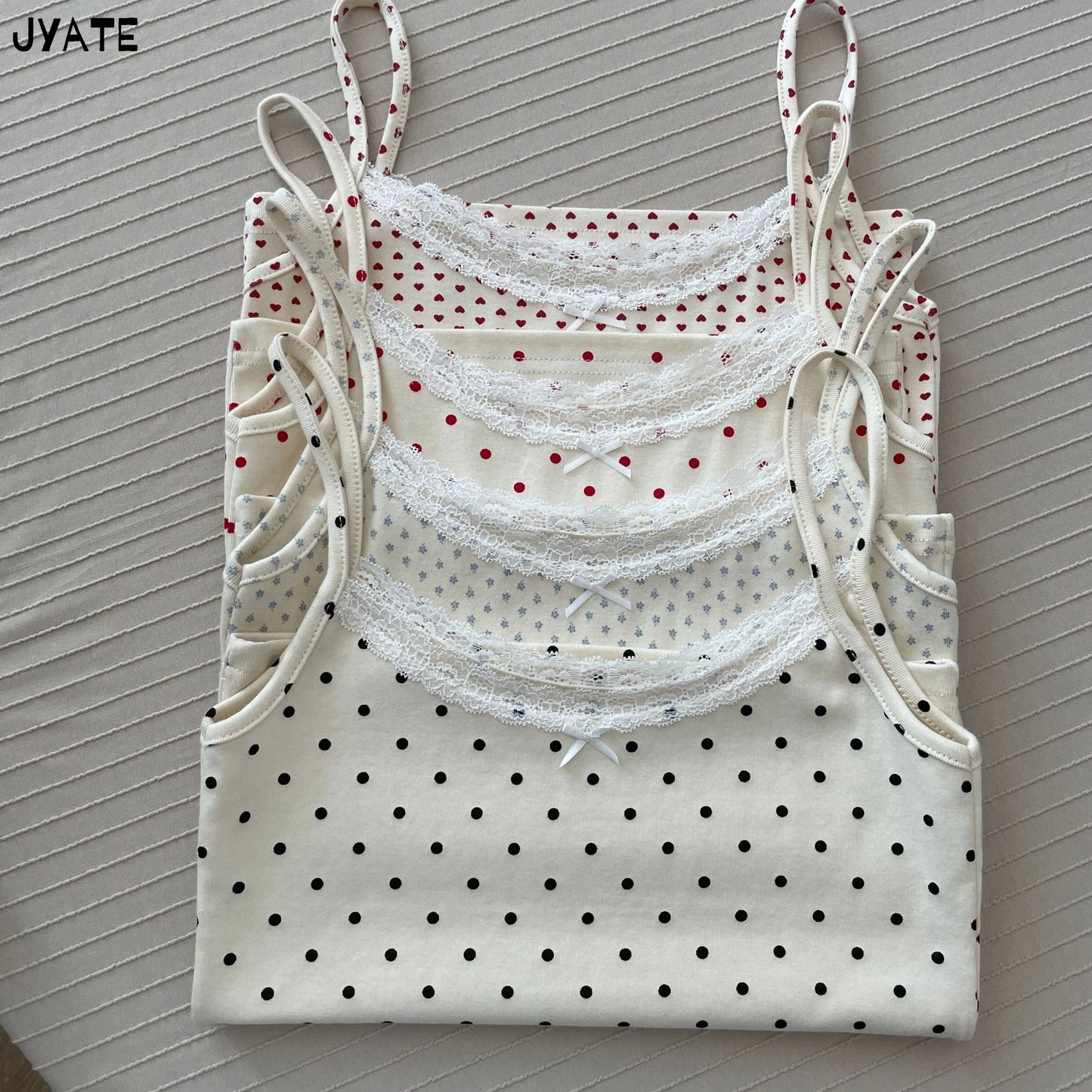 Cute Print Lace Trim Bow Tank Tops Women Cotton Casual Slim Sleeveless Crop Top Female Sweet Preppy Style Camisole Y2K Clothes