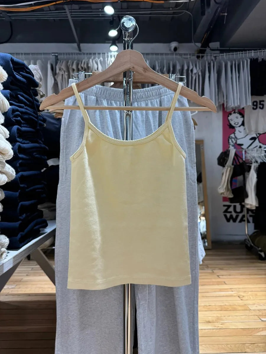 Yellow Letter Embroidery Crop Top Women Lace Trim Cotton Slim Sleeveless Camisole Clothes Sweet Cute Preppy Style Tank Tops Y2K
