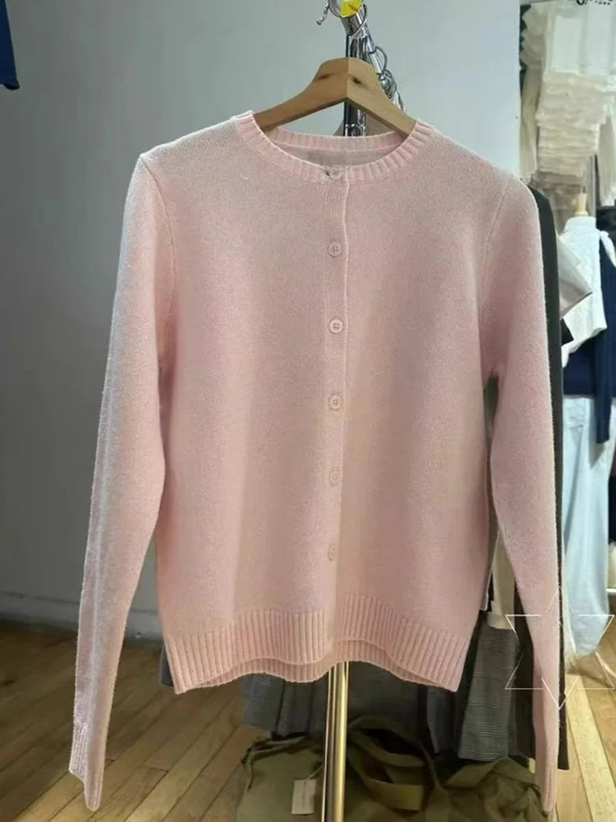 Blue Vintage Long Sleeve Knitted Cardigan Women New Cotton O-neck Casual Button Jumper Coat Sweet Preppy Style Sweater Y2K Tops