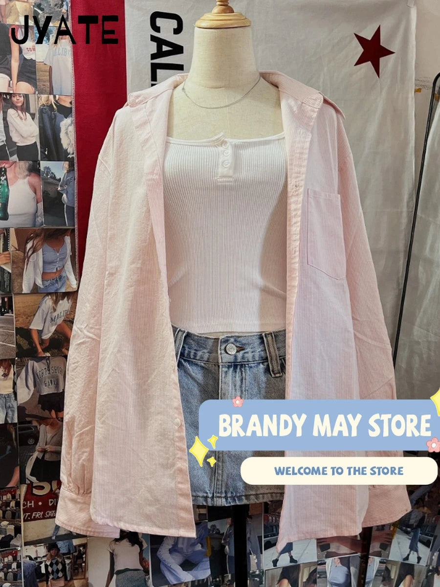 New Sweet Pink Striped Loose Blouse T-shirts Women Summer Casual Cotton Turn-down Collar Tees Preppy Cute Vintage Y2K Crop Tops