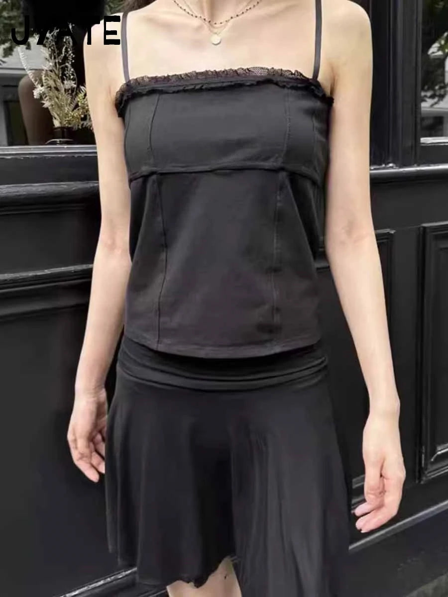 Simple Mesh Sheer Ruffle Tank Tops Women Summer Casual Lace-up Folds Sexy Shoulder Straps Camisole Sweet Cute Chic Crop Top Y2K