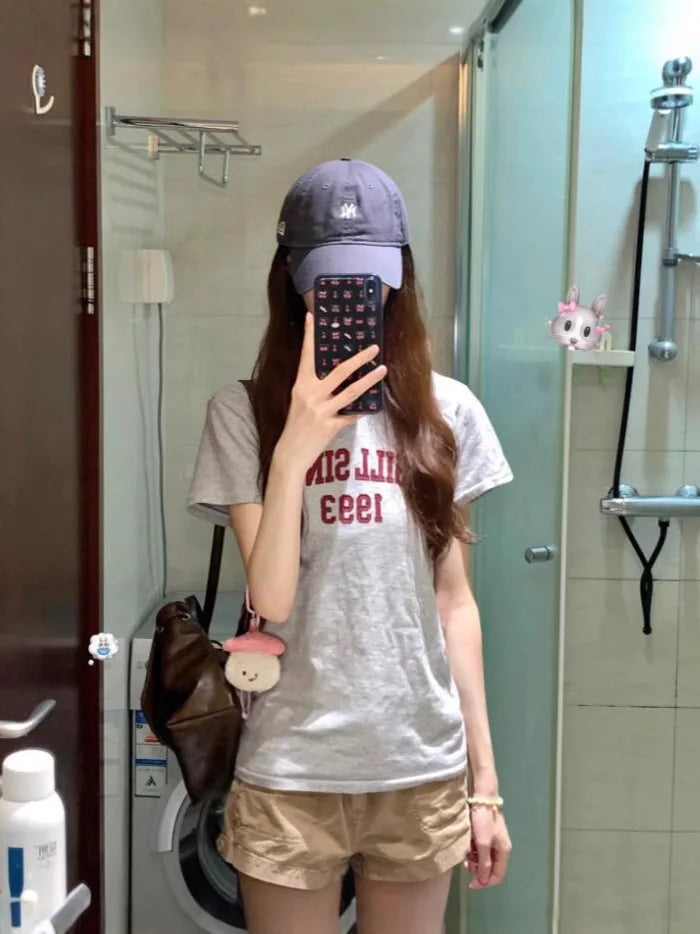 Letter 1993 Print Slim T-shirts Woman New Preppy Style Cotton Round Neck Short Sleeve Tee Tops Sweet Simple Fashion Tshirt Y2K