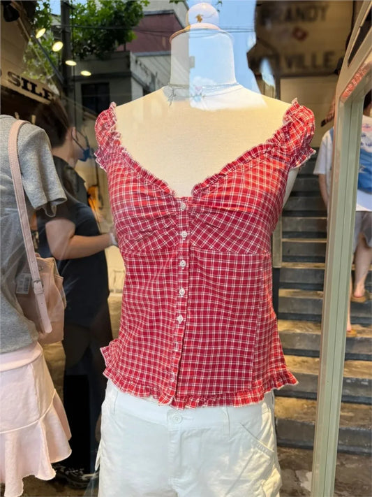 Red Plaid Slim T-shirt Blouse Women Summer Ruffles Single Breasted V-neck Short Puff Sleeve Shirt Female Vintage Sweet Tops New