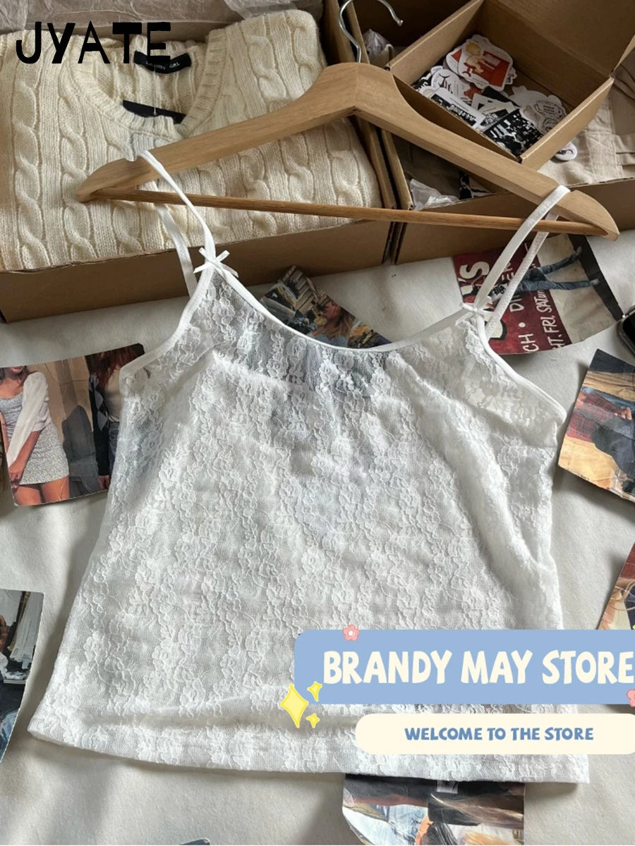 Lace Transparent Sexy V-neck Camisole Women New Streetwear Bow Thin Jacquard Sleeveless Vests Vintage Sweet Chic Tank Tops Y2K