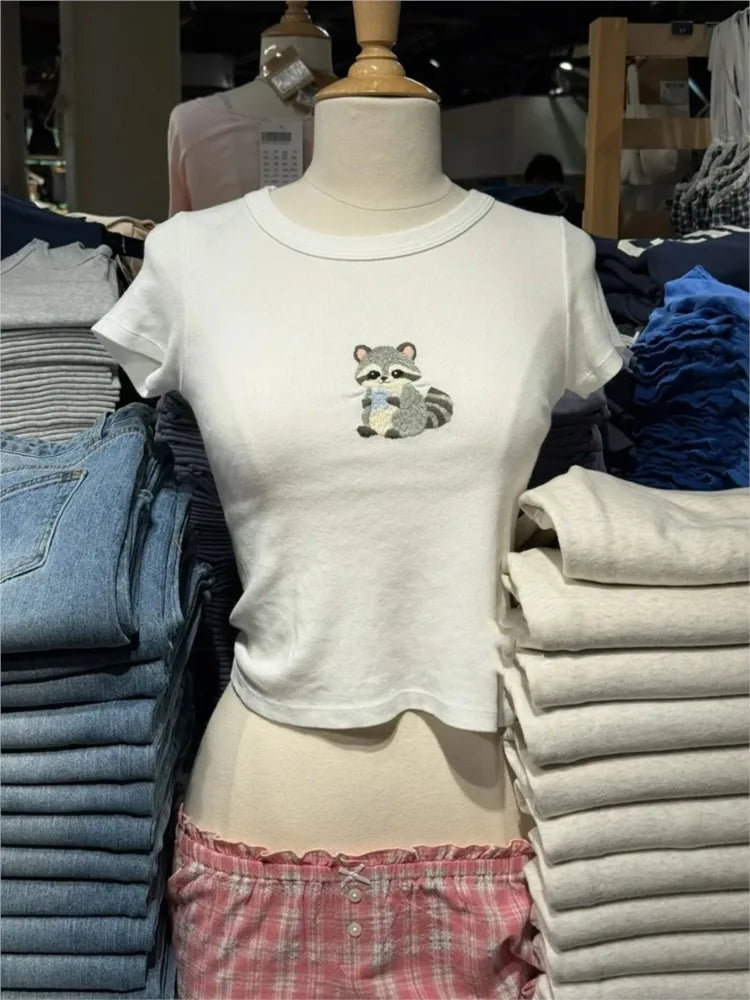 Cute Koala Embroidery Crop Tops Women Summer Casual Slim Cotton Cropped Short Sleeve Tees Female Sweet Preppy Style T-shirts Y2K