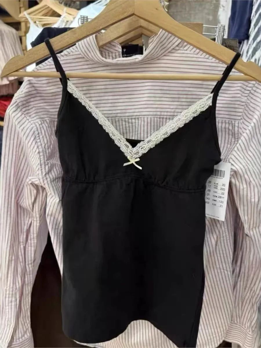 Black Harajuku Folds V-neck Bow Black Tank Tops Women Lace Trim Cotton Sleeveless Slim Cropped Camisole Vintage Sweet Crop Top