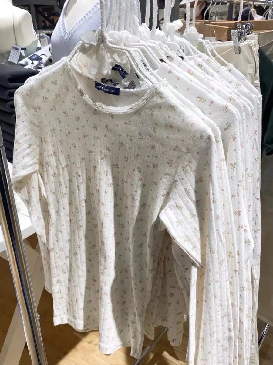 Sweet Hollow Out Floral Print T-shirts Women Autumn Cotton Soft Slim O-neck Long Sleeve Tops Simple Vintage Cute Y2K Tee