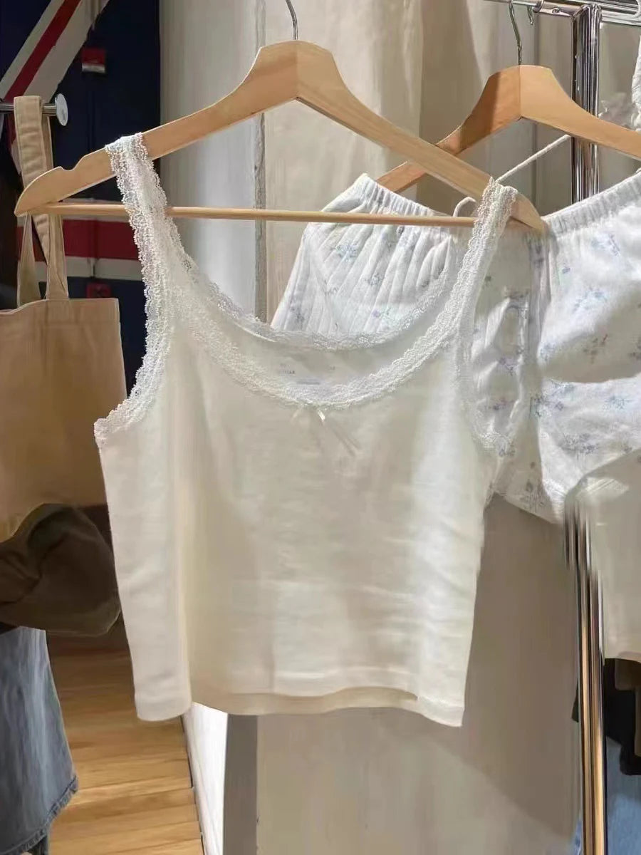 Sweet Lace Trim Eyelet White Slim Tank Tops Women Summer Bow Sleeveless Cotton Preppy Style Camisole Vintage Cute Basic Tops Y2K