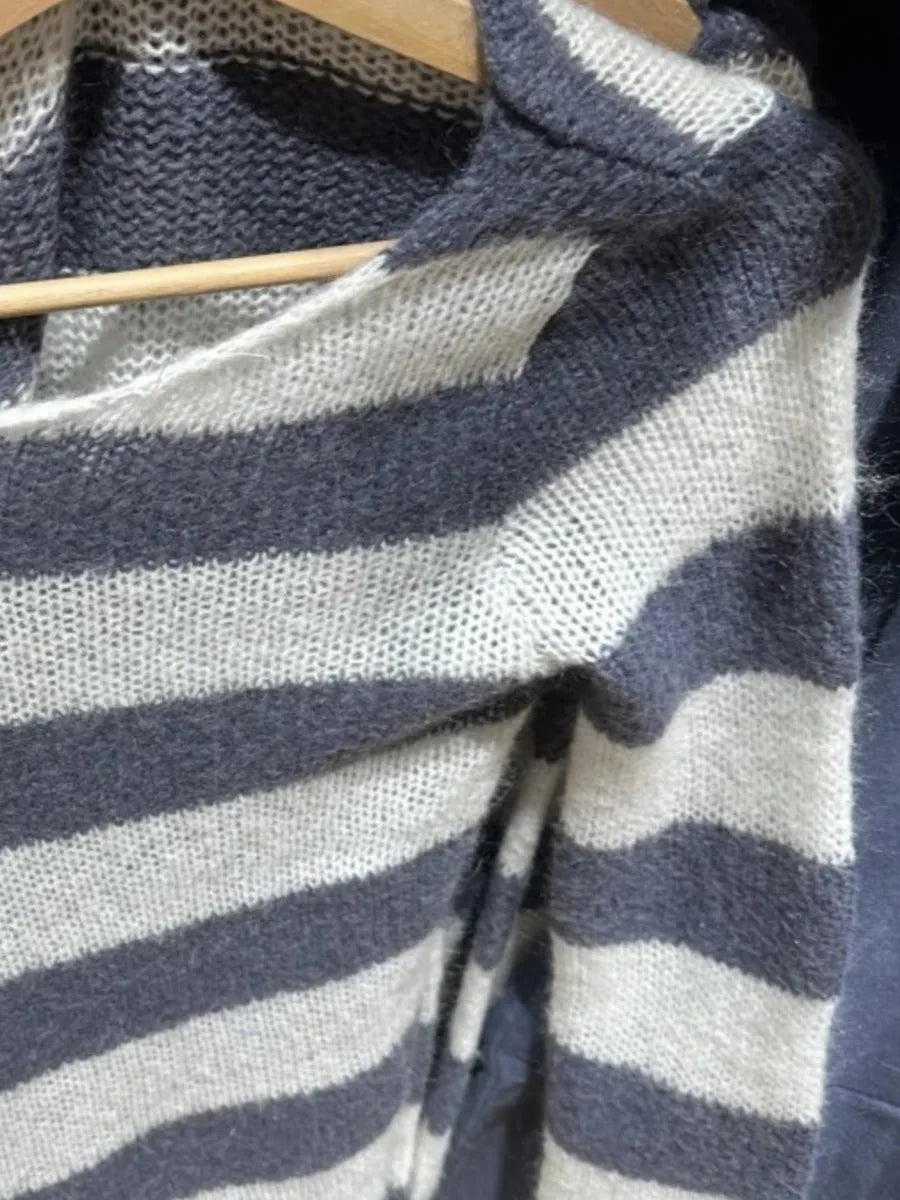 Vintage Striped Hollow Out Mohair Long Sleeve T-Shirt Women Sweetwear Scoop Neck Cotton Thin Smock Sweet Cute Tee Shirt Tops Y2K