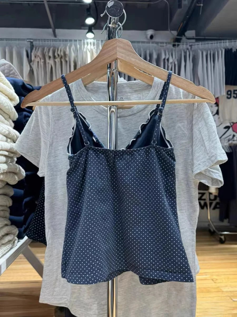 Navy Dot Fungus Trim Bow Tank Tops Women Casual Cotton Slim V-neck Sleeveless Camis Girls Cute Sweet Preppy Style Y2K Crop Top