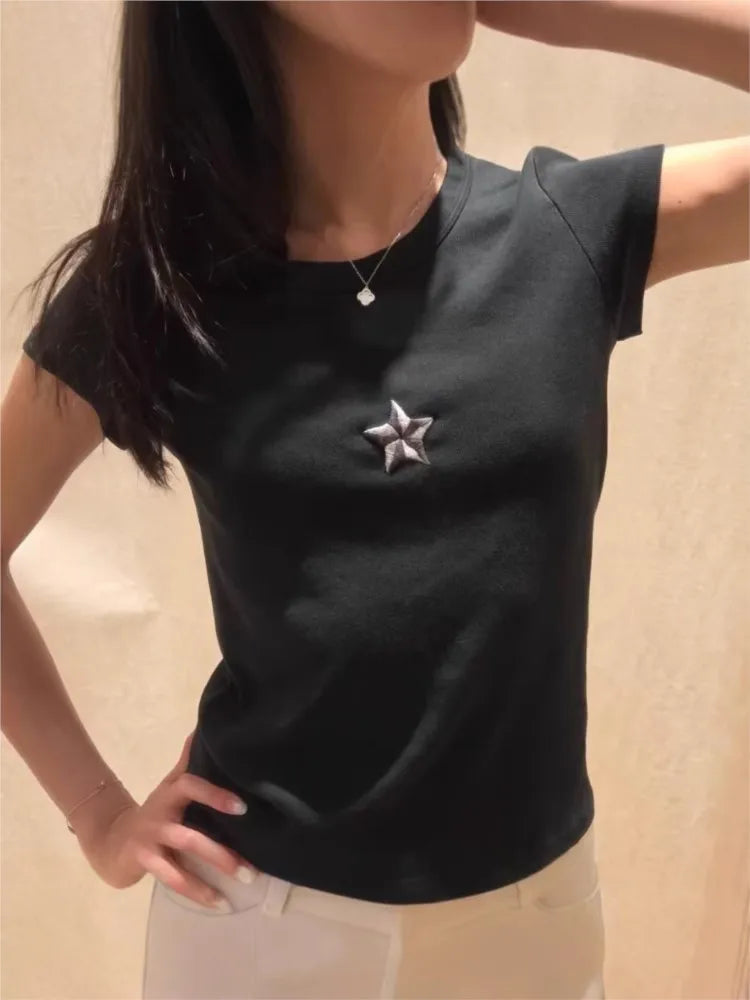 Back Wing Embroidery T-shirts Women Summer Round Neck Short Sleeve Tshirt Top Female Vintage Streetwear Cotton Tee Tops Y2K