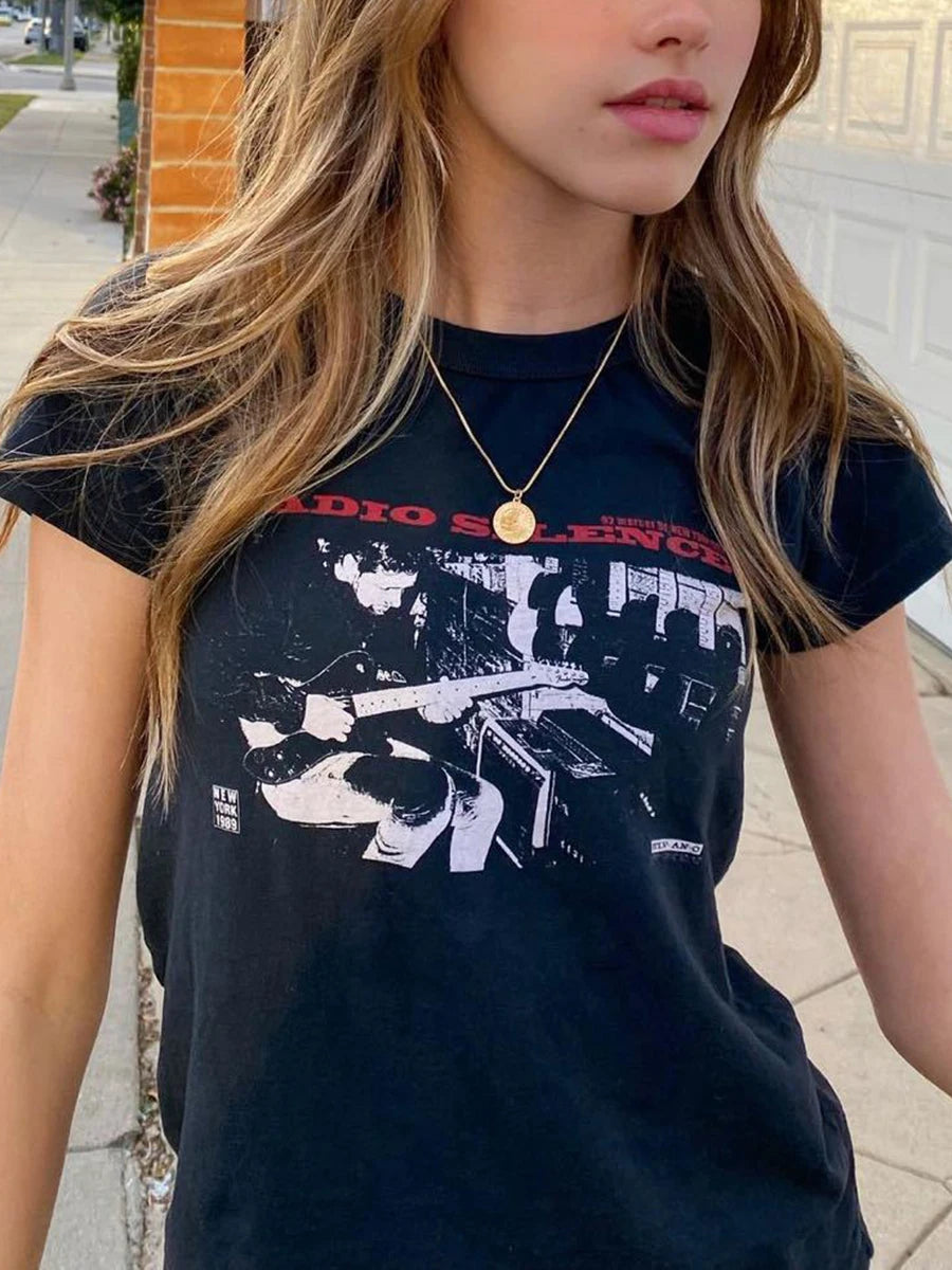 Guitar Print Slim T-shirts Women Summer New Classic O-neck Streetwear Soft Cotton Short Sleeve Tees Female Vintage Chic Y2K Tops