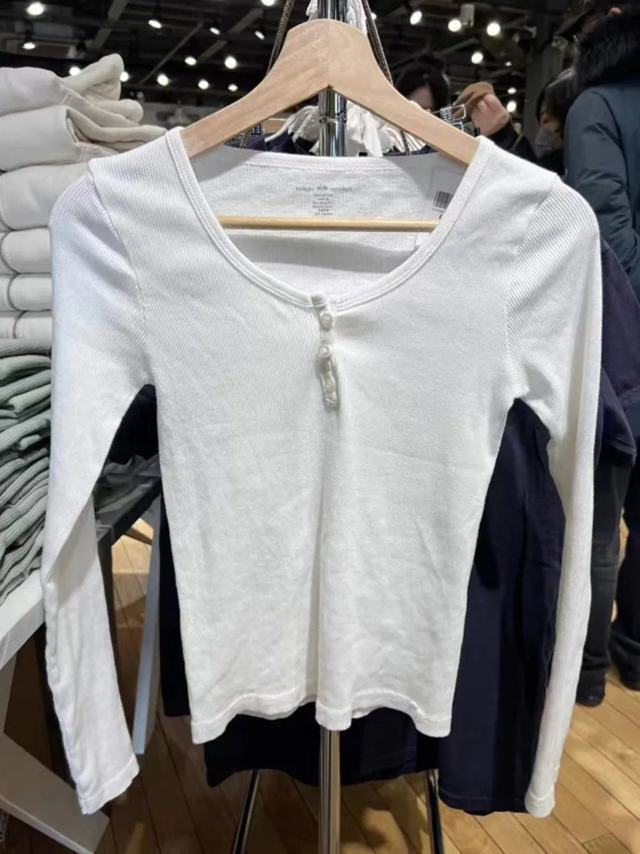 Buttons Ribbed Long Sleeve T-shirts Women Spring Soft Cotton Round Neck Vintage Top Female Solid Simple Y2k Streetwear Tees 2023