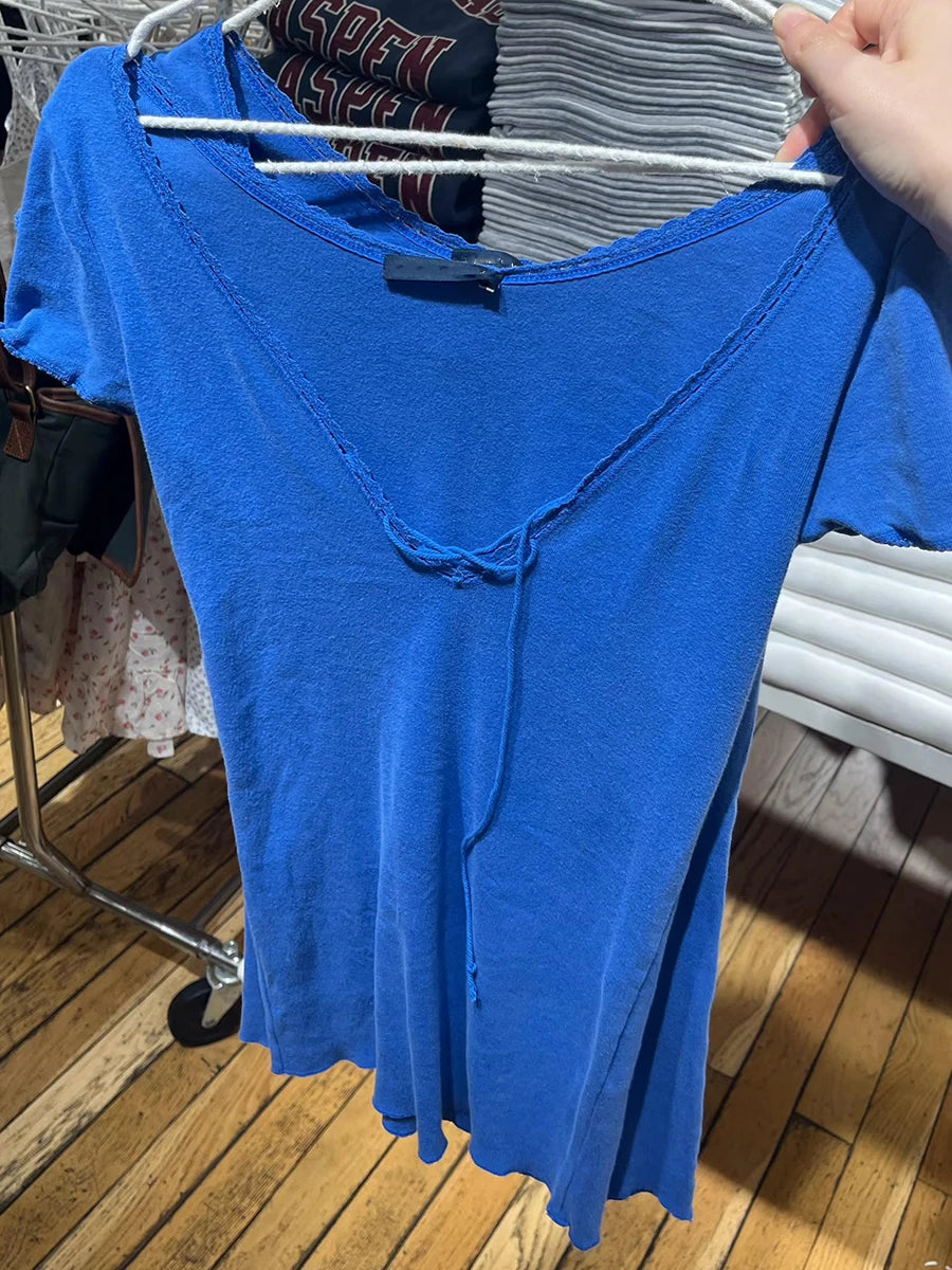 Electric Blue Lace Trim Slim T-shirts Women Streetwear Cotton Lace-up V-neck Short Sleeve Tees Sweet Vintage Simple Tshirts Y2K