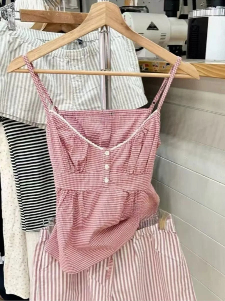 Pink Plaid Back Lace-up Camisole Summer Women New Sexy Cotton Button Lace Trim Slim Tank Tops Vintage Sweet Chic Vests Y2K OOTD