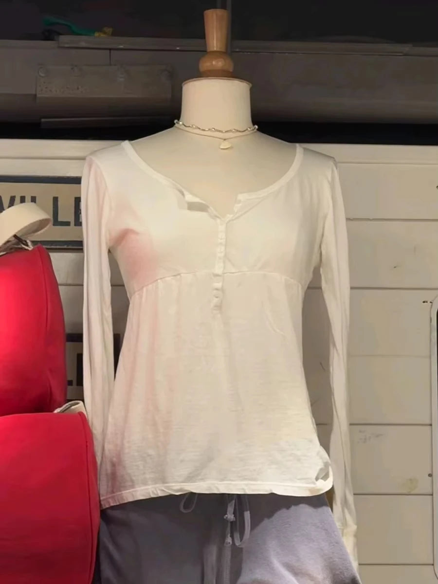 Buttons Burgundy Long Sleeve T-shirts Woman Spring O-neck A-line Cotton Tee Tops Female Casual Simple All-match Tshirt