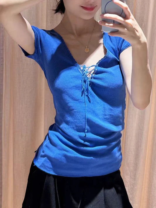 Electric Blue Lace Trim Slim T-shirts Women Streetwear Cotton Lace-up V-neck Short Sleeve Tees Sweet Vintage Simple Tshirts Y2K