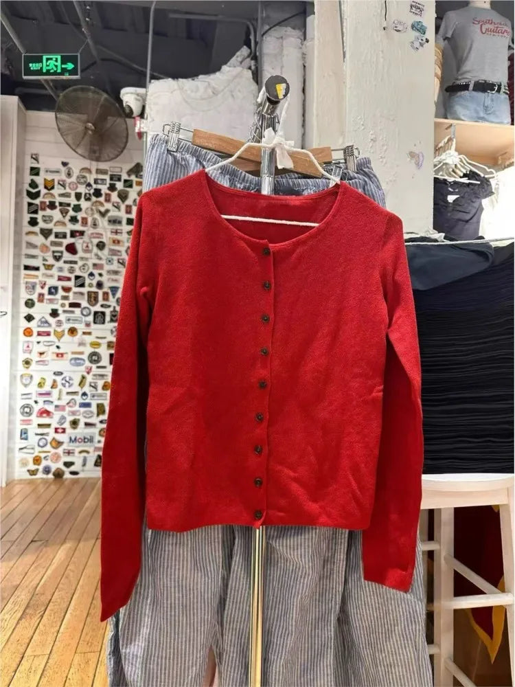 Simple Red Eyelet Cotton Knitted Cardigan Women Autumn New Casual Streetwear  Buttons Long Sleeve Coat Sweet Basic Sweaters Tops