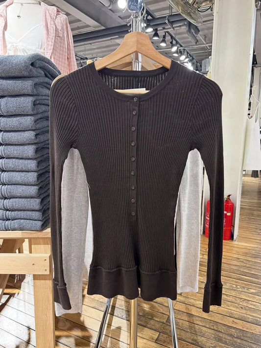VintageBrown Knitted Long Sleeve T-shirts Women Spring O-neck Buttons Cotton Slim Knitwear Top Female  Preppy Style Tee Tops Y2K