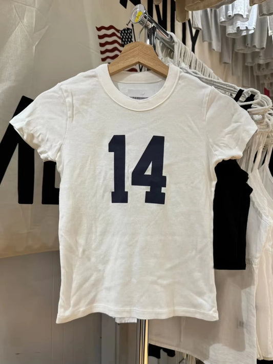 Y2K 14 Print White Slim T-shirts Women Simple O-neck Short Sleeve Cotton Tee Tops Female American Vintage Streetwear Crop Top