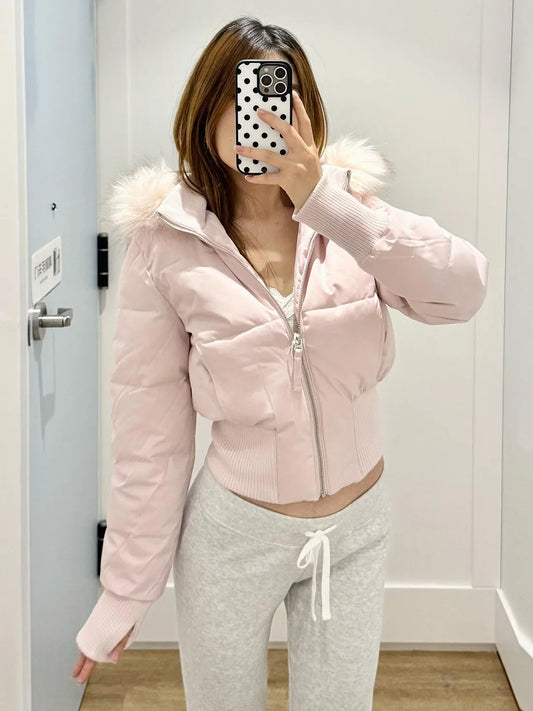 Pink Fur Collar Detachable Hooded Cotton Jacket for Women Winter Slim Fit Versatile Sweet American Warm Cotton Coat Y2K Tops New