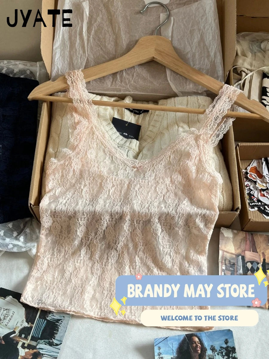Lace Transparent Sexy V-neck Camisole Women New Streetwear Bow Thin Jacquard Sleeveless Vests Vintage Sweet Chic Tank Tops Y2K