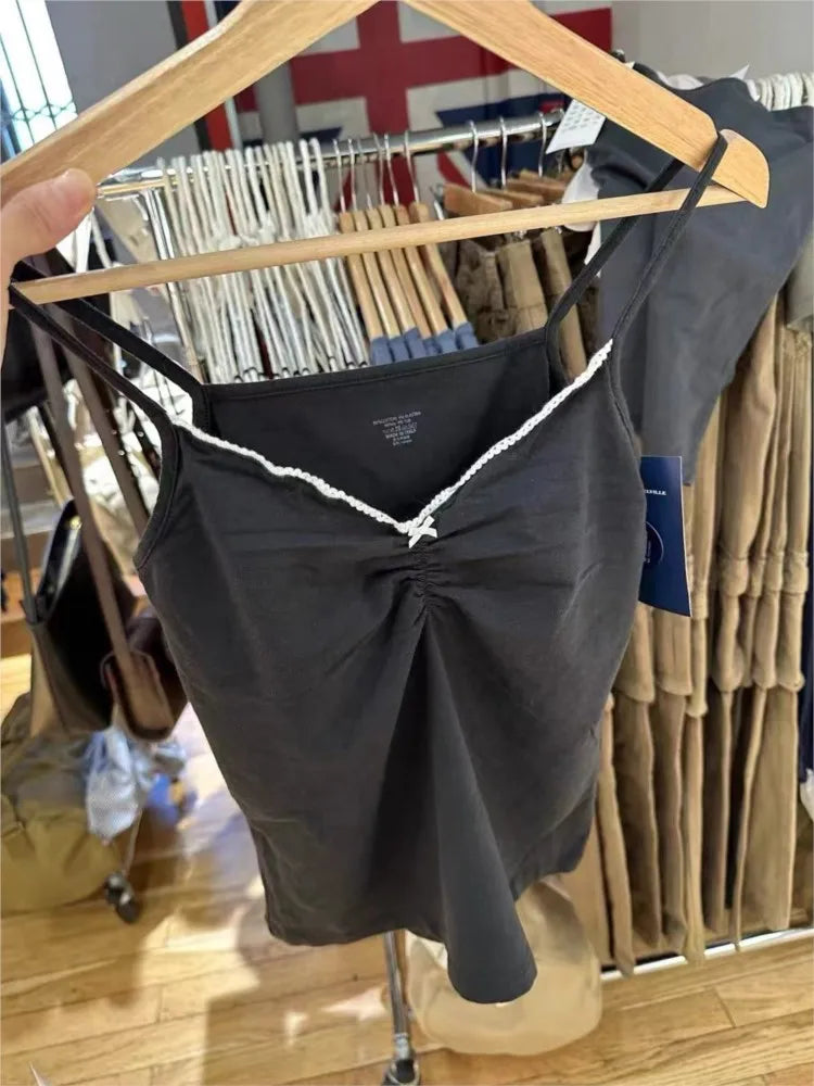 Folds V-neck Bow Black Tank Tops Women Summer Lace Trim Cotton Sleeveless Slim Cropped Camisole Vintage Sweet Crop Top