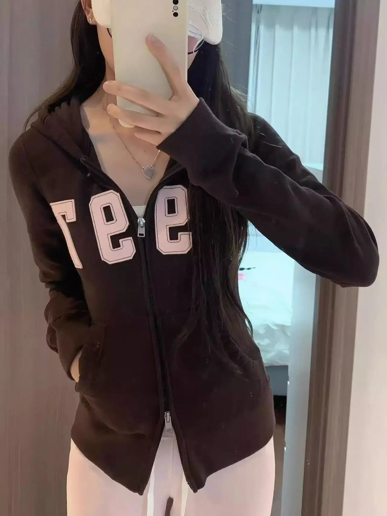 Patchwork Sweet Zipper Hoodies Women Autumn Casual Pockets Drawstring Hoodie Tops Vintage Loose Preppy Style Sweatshirts Coat