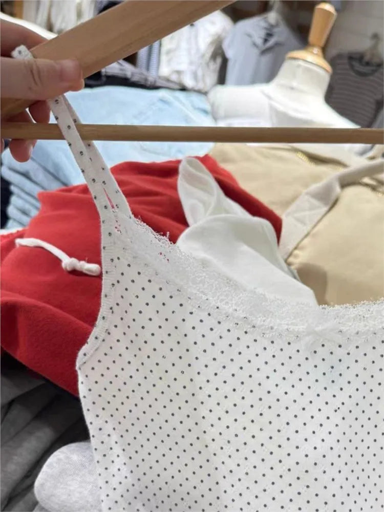 Vintage Dot Eyelet Slim Tank Top Women Summer Lace Trim Sleeveless Cotton Crop Tops Sweet Cute Preppy Style Cropped Camisole Y2K