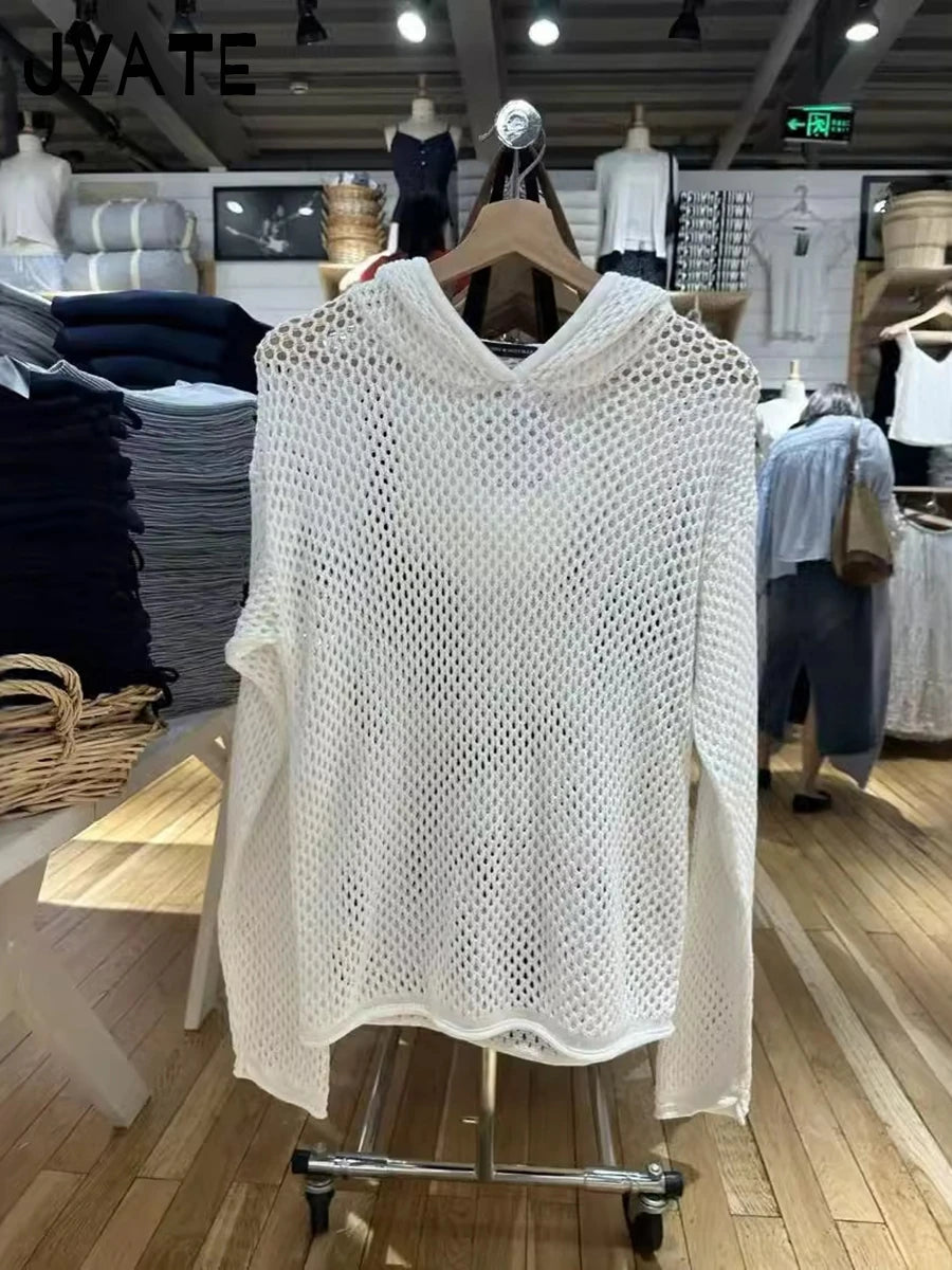 Hole White Long Sleeve Hoodies Tops Women New Cotton Knitted Streetwear Sexy Pullover Vintage Chic Preppy Style Sweatshirts Y2K