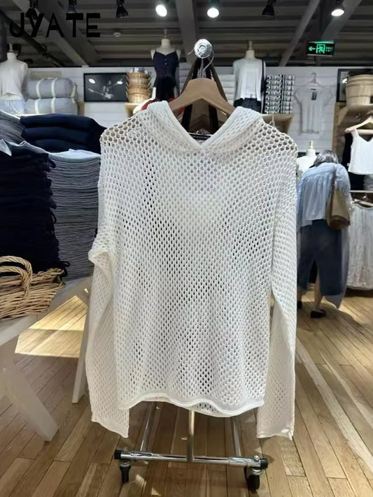 Hole White Long Sleeve Hoodies Tops Women New Cotton Knitted Streetwear Sexy Pullover Vintage Chic Preppy Style Sweatshirts Y2K