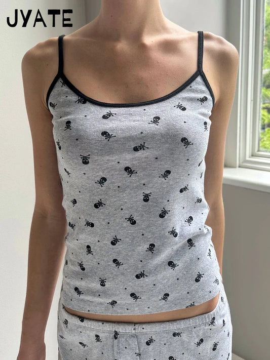 Harajuku Skull Print Patchwork Sleeveless Vests Women New Cotton Casual Streetwear Cute Tank Tops Vintage Chic Slim Camisole Y2K