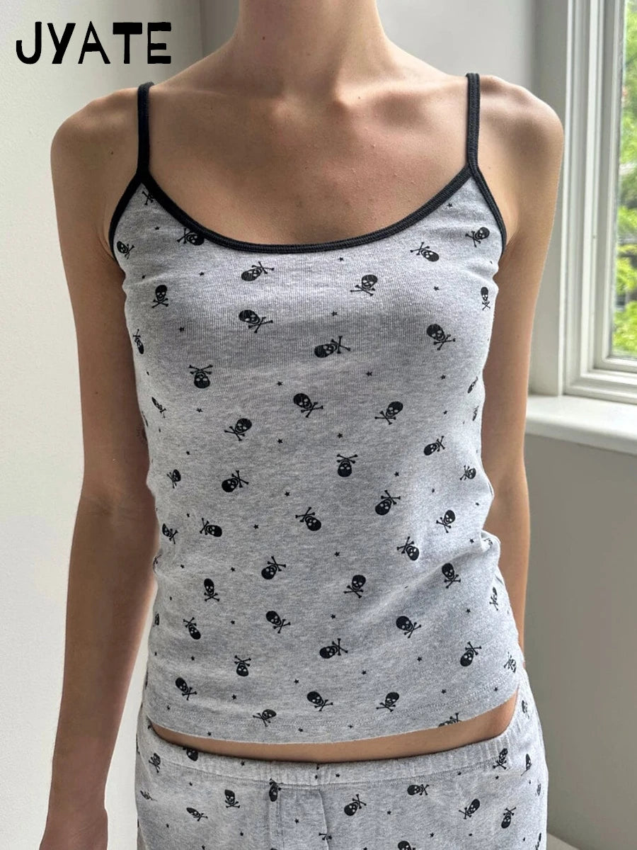 Skull Print Camisole Two Piece Set Women Summer Cotton Tank Tops+Elastic Waist Short Casual Vintage Preppy 2 Sets Y2K