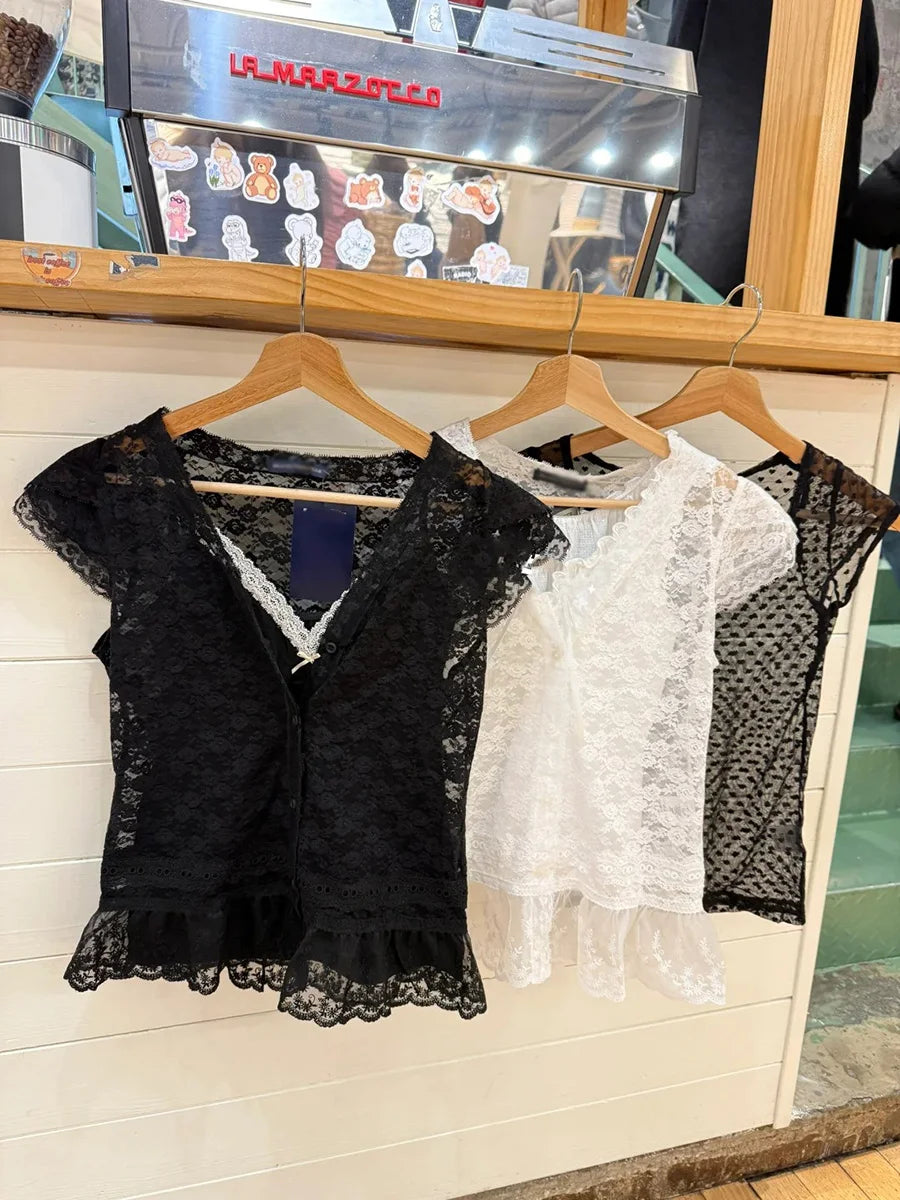 Sweet Jacquard Transparent Crop Tops Women Summer New Bow Lace Mesh V Neck Short Sleeve Tee Vintage Slim Cute Thin T-shirts Y2K