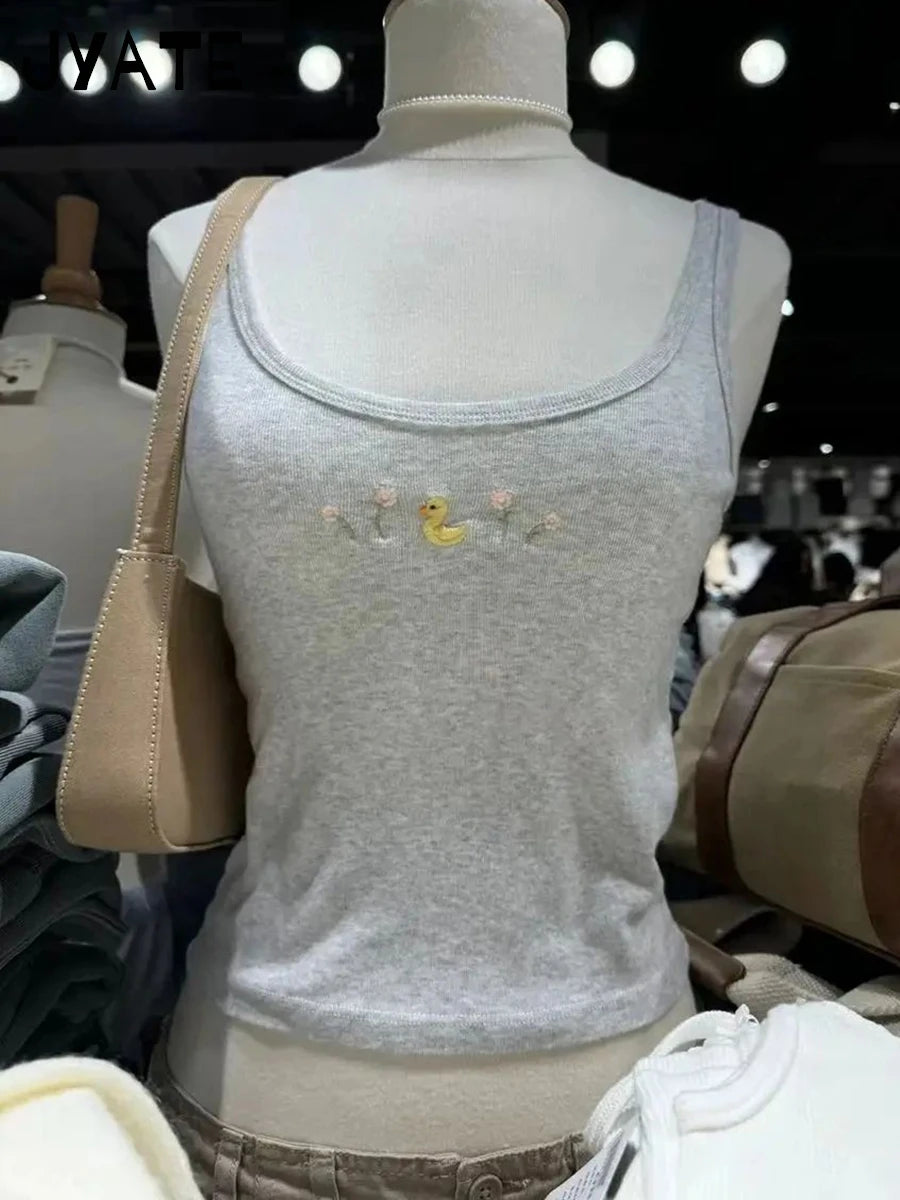 Little Yellow Duck Embroidered Tank Tops Women New Cotton U-neck Cute Chic Flower Graphic Vests Sweet Preppy Style Camisole Y2K