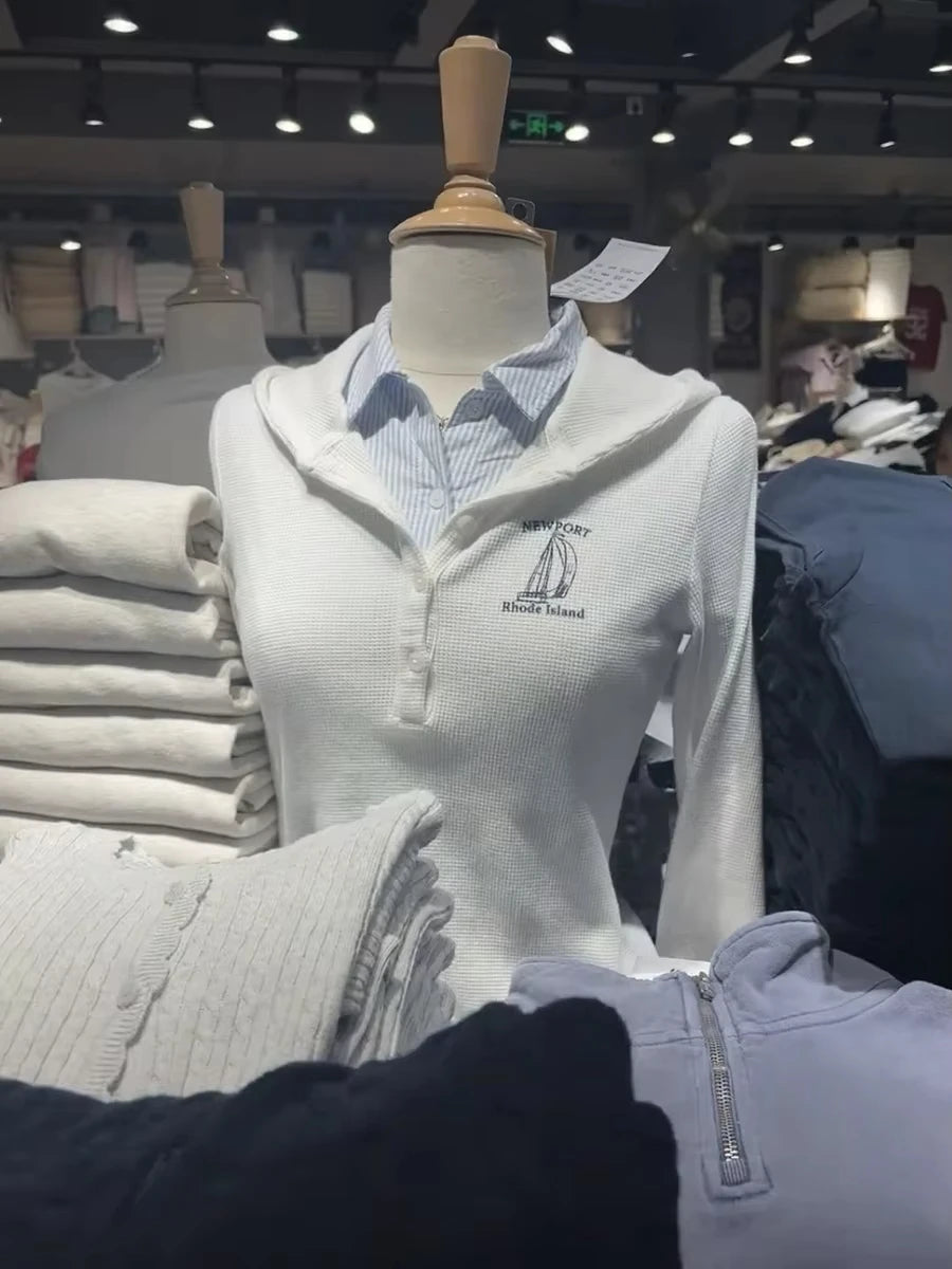 Waffle Hooded T-shirt Women Spring Streetwear Buttons Cotton Long Sleeve Slim Tee Shirts Vintage Preppy Style Tops Y2k