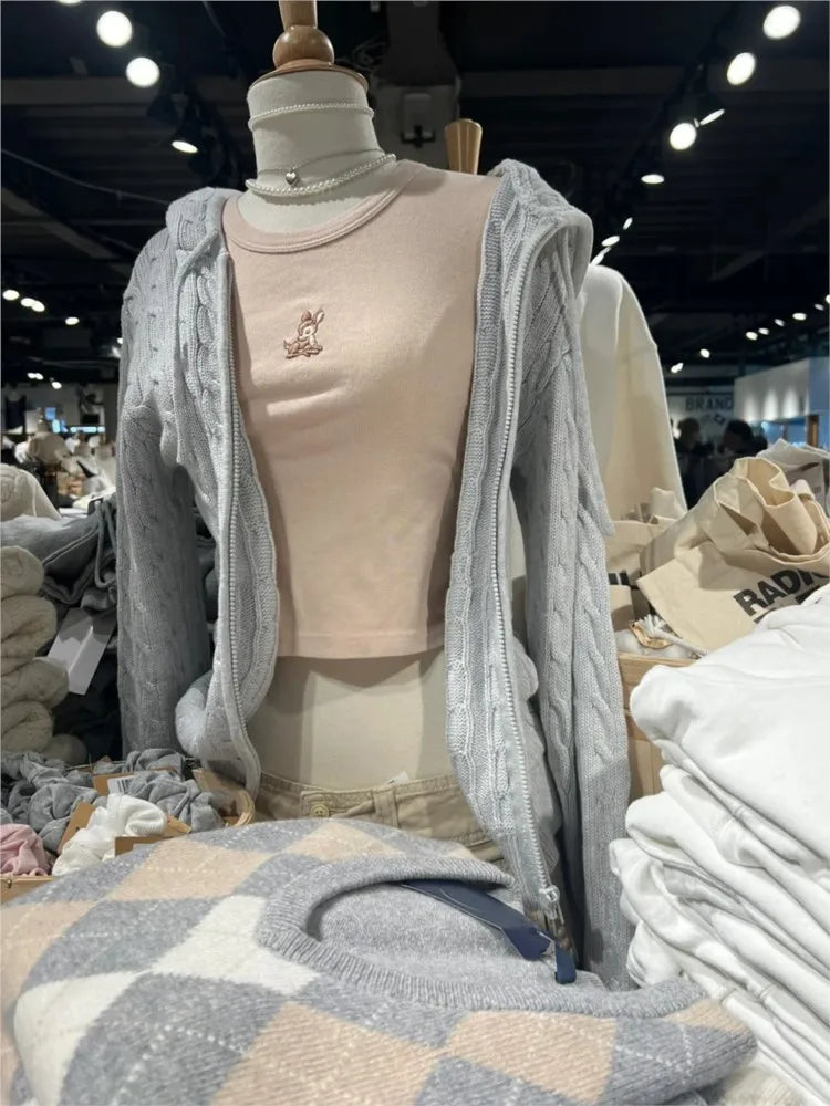 Gray Twisted Flower Hooded Zipper Coat Women Fall Winter Long Sleeve Pocket Knit Knitwear Sweet Preppy Style Cardigan Sweater