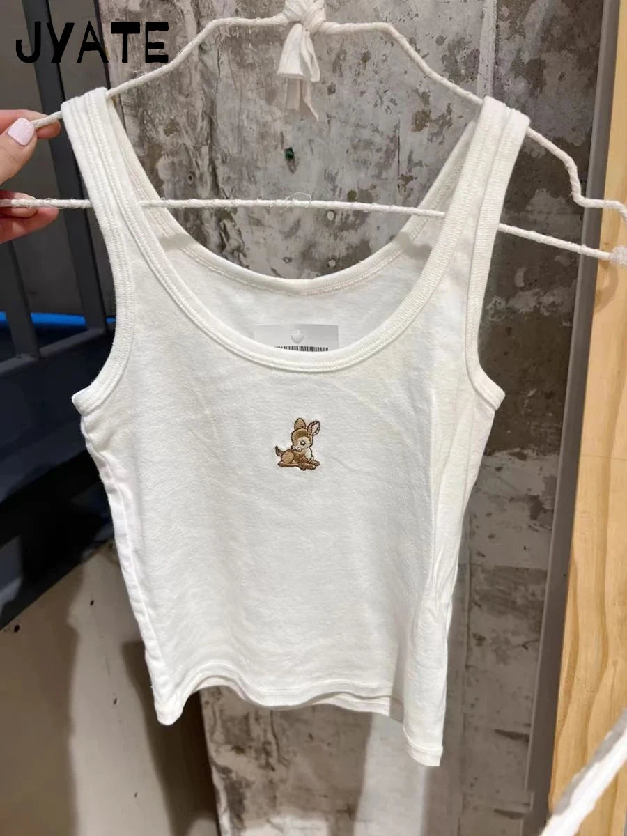 Fashion Little Deer Embroidery Tank Tops Women Summer New Cotton Slim U-neck Slim Cropped Vests Sweet Chic Casual Camisole Y2K