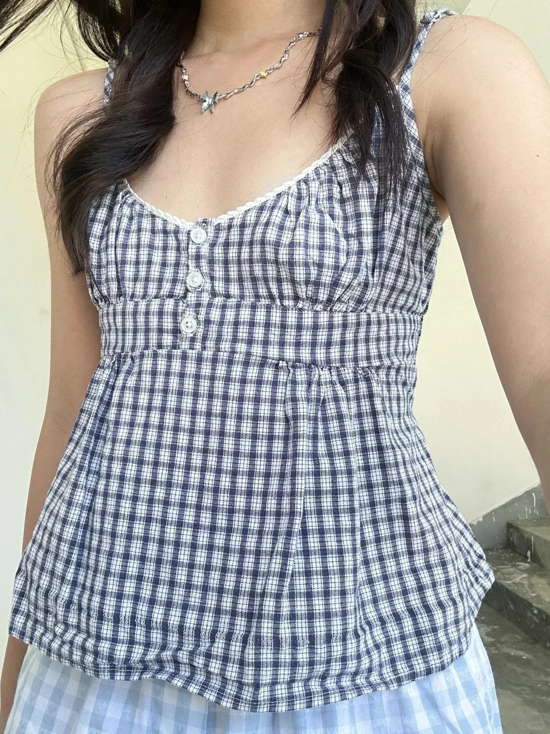 Gray Plaid Slim Buttons Tank Top Woman Summer New Lace Trim V-neck Back Lace-up Cotton Camis Vintage Sweet Chic Crop Tops Y2K