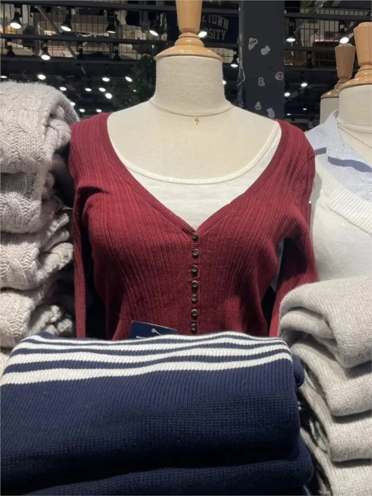 Red Knit Buttons T-shirts Women Spring Sexy V-neck Button Cotton Slim Long Sleeve Tees Sweet Cute Preppy Style T Shirt Y2K